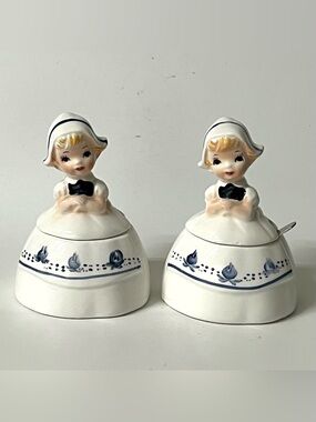 VTG Enesco Set of 2 Ceramic Condiment Jars Dutch Girl White Blue Japan 1950s